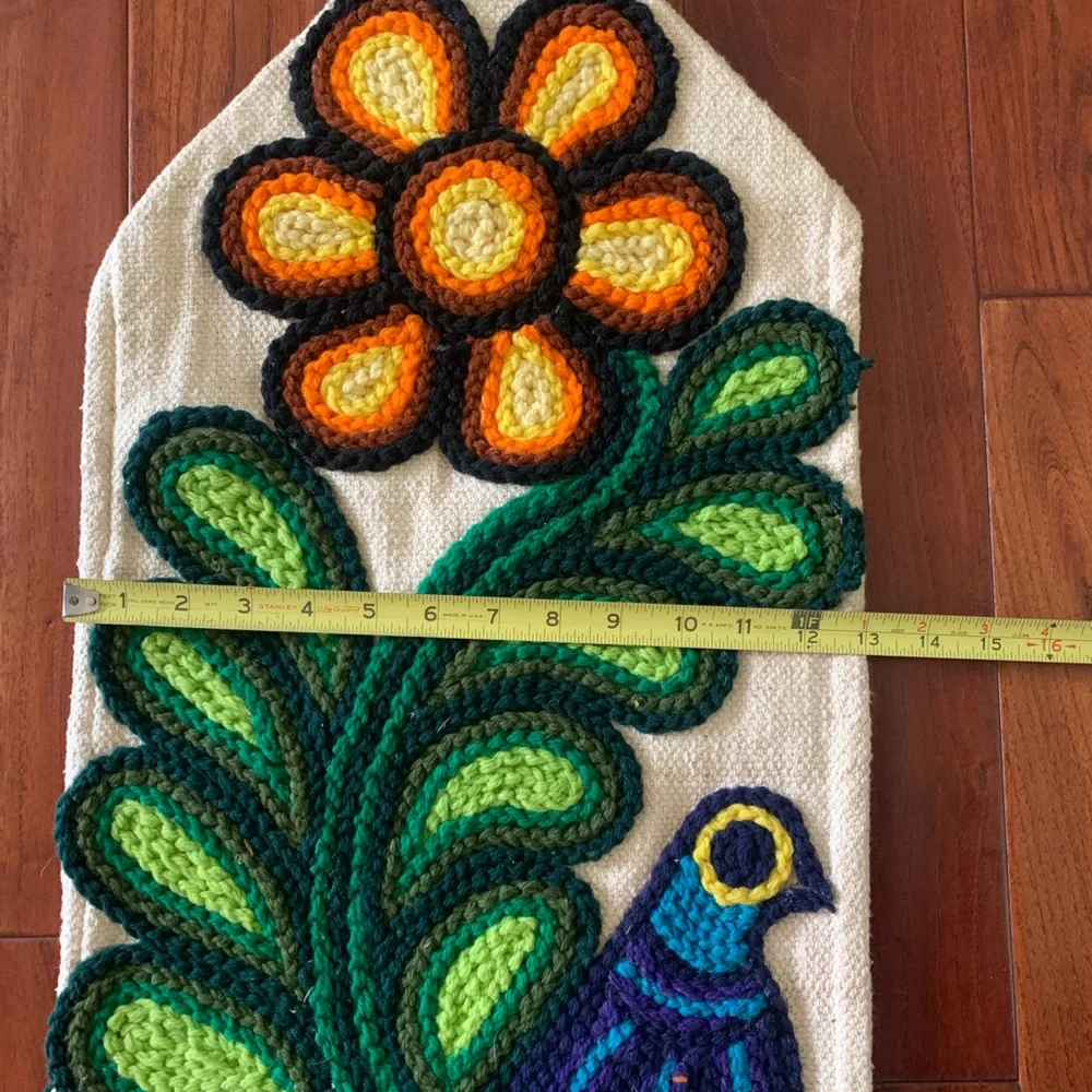 Vtg Folk Art Bird Wall Hanging Tapestry Hand Made Boho Mid Century Yarn Mexico